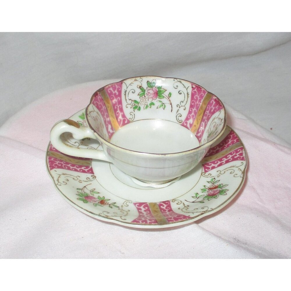 Teacup and Saucer Japanese Roses with gold leaf kitchenware dainty floral pink